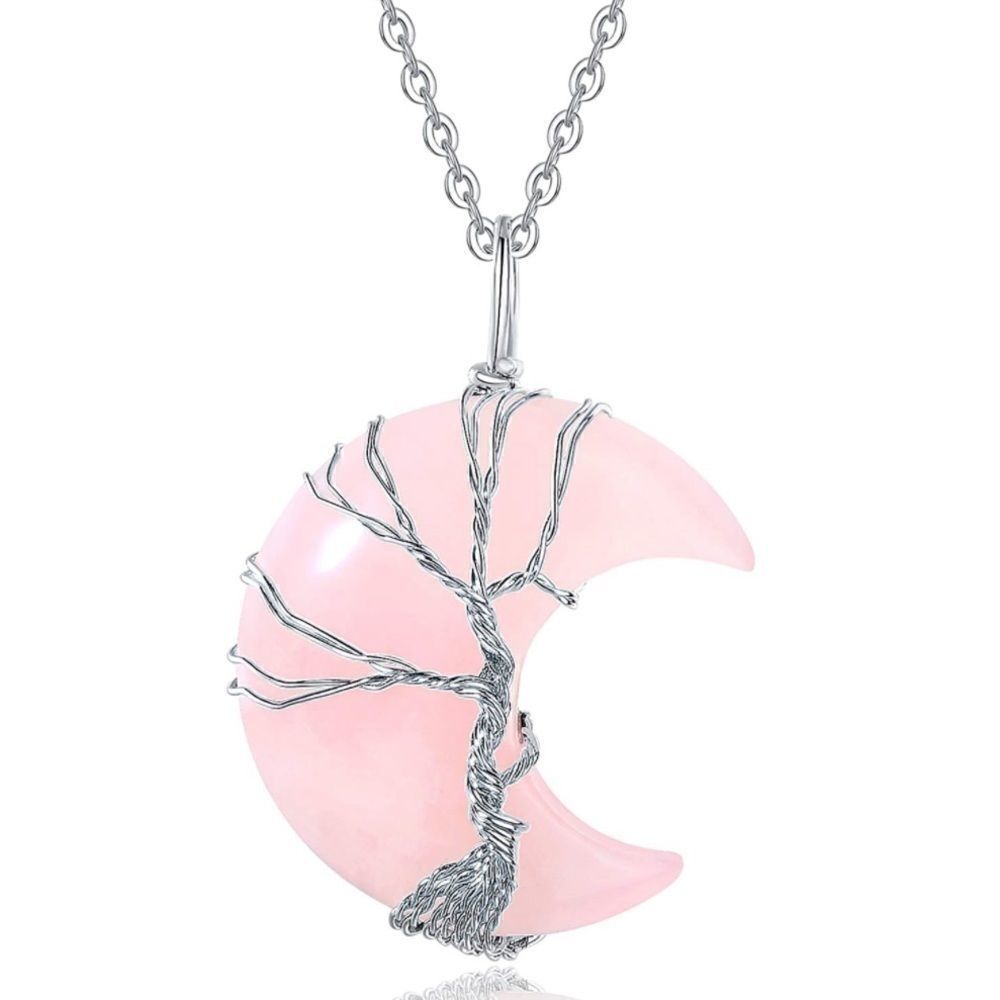 Silver and Natural Rose Quartz Crescent Moon Tree of Life Pendant Necklace